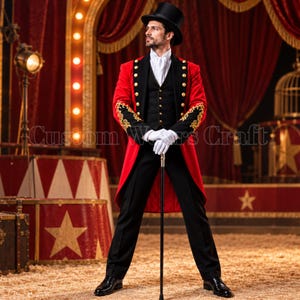 Men’s Ringmaster Costume Red Tailcoat | Victorian Circus Jacket | Black Vest & Pants | Steampunk Showman Outfit