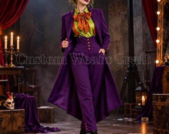 Women’s Purple Wool Tailcoat Suit | Gothic Victorian Long Coat | High Waist Trousers & Vest | Halloween Ringmaster Costume Outfit | Handmade
