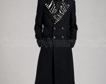 Men's Black Wool Double Breasted Overcoat | Zebra Print Lapel Long Coat | Luxury Gothic Designer Winter Formal Statement Coat