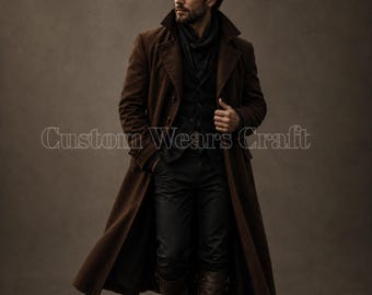 Victoriaanse wollen jas voor heren | Bruine gotische trenchcoat | Edwardiaanse lange overjas | Steampunk heren winterjas | Handgemaakt