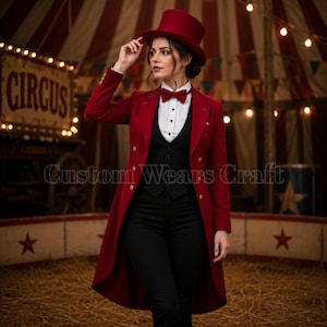 Women's Red Ringmaster Tailcoat Jacket | Victorian Circus Costume | Custom Magician Tailcoat | Gothic Steampunk Coat | Ringmaster Top Hat