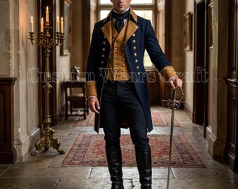 18th Century Continental Army Officer Coat | Revolutionary War Navy Blue Wool Frock Coat | Historical Military Uniform Costume