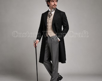Men's Victorian Black Wool Frock Coat | Edwardian Morning Coat | Gothic Formal Tailcoat | Steampunk Wedding Jacket | Dickens Outfit