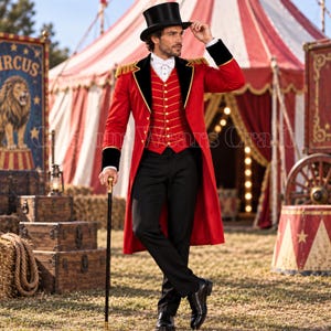 May include: A ringmaster costume featuring a red tailcoat with black velvet lapels and gold fringe epaulets, a red vest with gold horizontal piping and buttons, a white collared shirt, black trousers, a black top hat, and a black walking cane.