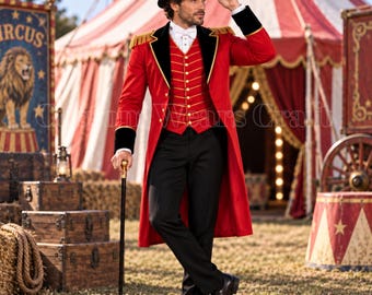 Men’s Red Ringmaster Costume | Victorian Wool Circus Tailcoat | Showman Coat | Steampunk Carnival Jacket | Theater Outfit | Handmade Top Hat