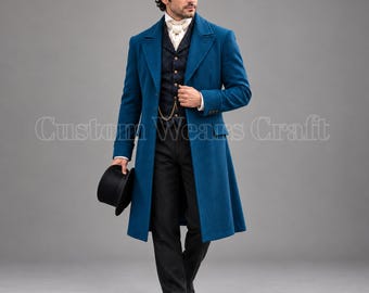 Men's Blue Victorian Frock Coat | Regency Wool Overcoat | Edwardian Walking Coat | Historical Gentleman Coat | Period Costume | Custom made