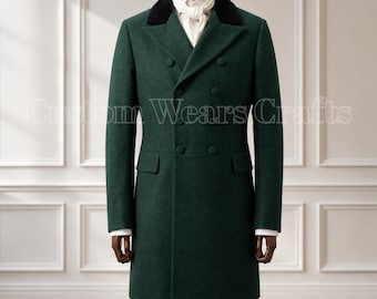 Regency-slipjas-outfit heren | Groene wollen Victoriaanse geklede jas | Kostuum 19e-eeuwse trouwkleding | Historische cosplayjas