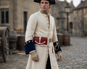 French Colonial Officer Coat | 18th Century Military Uniform | France Wool Reenactment Jacket | La Verendrye Historical Costume Tricorn hat