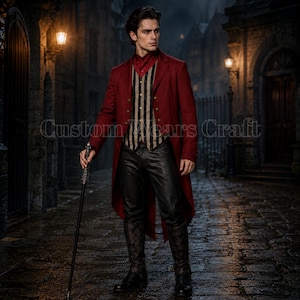 Men's Gothic Ringmaster Costume | Red Victorian Tailcoat | Circus Master Outfit | Halloween Cosplay | Steampunk Costume | Handmade Costume