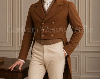 Regency-slipjas heren | Bruine wollen jas | Vestbroek Victoriaans pak | Historisch re-enactmentkostuum | Trouwoutfit
