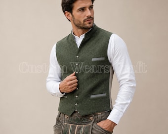 Men's Green Bavarian Trachten Vest | Traditional Alpine Waistcoat | Oktoberfest Wool Vest | German Tyrolean Gilet Custom