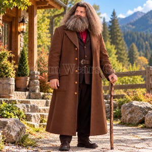 Trollkarlsvaktare-kostym för män, brun lång ullrock | Väst- och byxset | Rustik medeltida fantasy-cosplay-outfit | Halloween-kostym