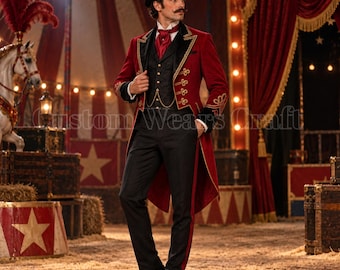 Men’s Red Velvet Ringmaster Tailcoat & Top Hat | Victorian Circus Showman Coat | Gothic Steampunk Costume | Theater Performance Outfit