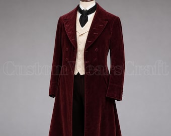Men’s Maroon Velvet Frock Coat | Victorian Gothic Tailcoat | Vintage 1970s Gentleman Jacket | Steampunk Wedding Long Coat
