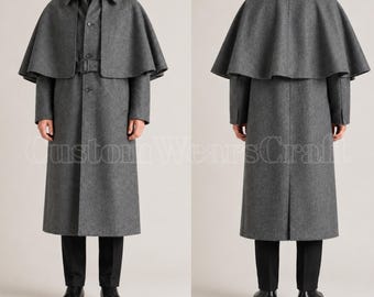Men’s Grey Wool Inverness Cape Coat | Victorian Sherlock Holmes Style Long Overcoat | Edwardian British Wool Cloak