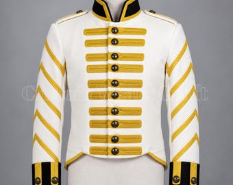 Men’s White Military Hussar Jacket | Gold Braid Ceremonial Coat | Historical Officer Uniform | Parade Band Jacket | Stage Costume