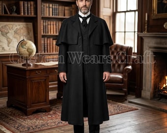 Men's Black Wool Inverness Coat | Vintage Cape Overcoat | Victorian Sherlock Holmes Style Long Winter Coat | Classic Handmade Cloak