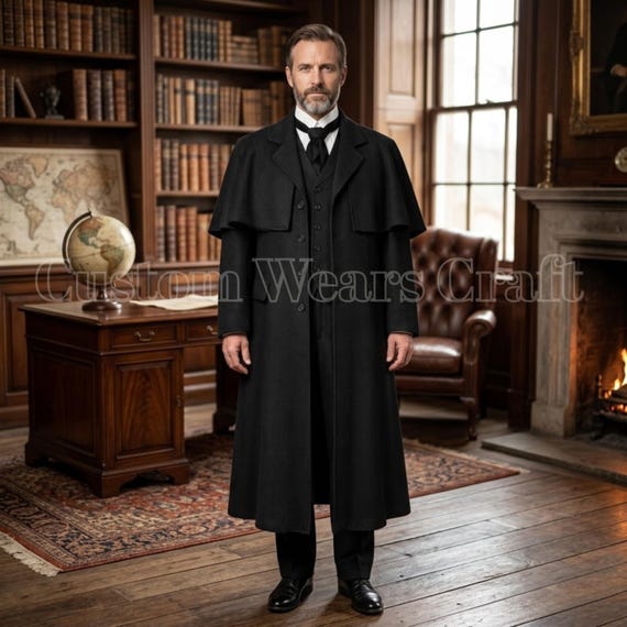 Men's Black Wool Inverness Coat | Vintage Cape Overcoat | Victorian Sherlock Holmes Style Long Winter Coat | Classic Handmade Cloak