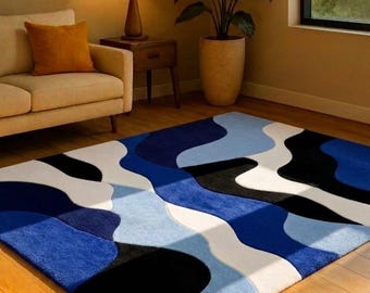 Modern Abstract Blue & Black Area Rug – Large Wave Patterned Contemporary Floor Carpet