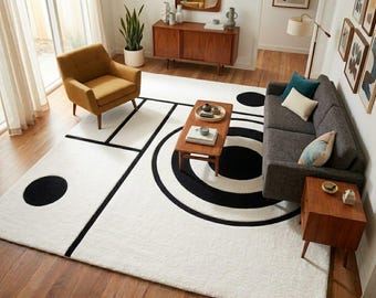 Mid-Century Modern Geometric Area Rug - Bauhaus Inspired Black & White Abstract Design