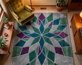 Hand-Tufted Geometric Star Area Rug – Teal, Green & Purple Plush Carpet