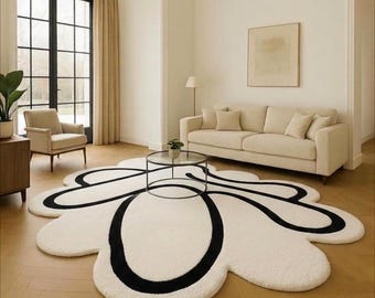 Plush Irregular Shaped Floral Area Rug - White with Thick Black Lines