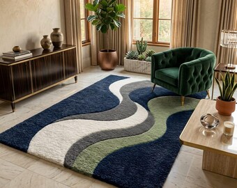 Focus on Texture & Style: Mid-Century Modern Wavy Shag Rug – Blue, Green, and Grey Pattern