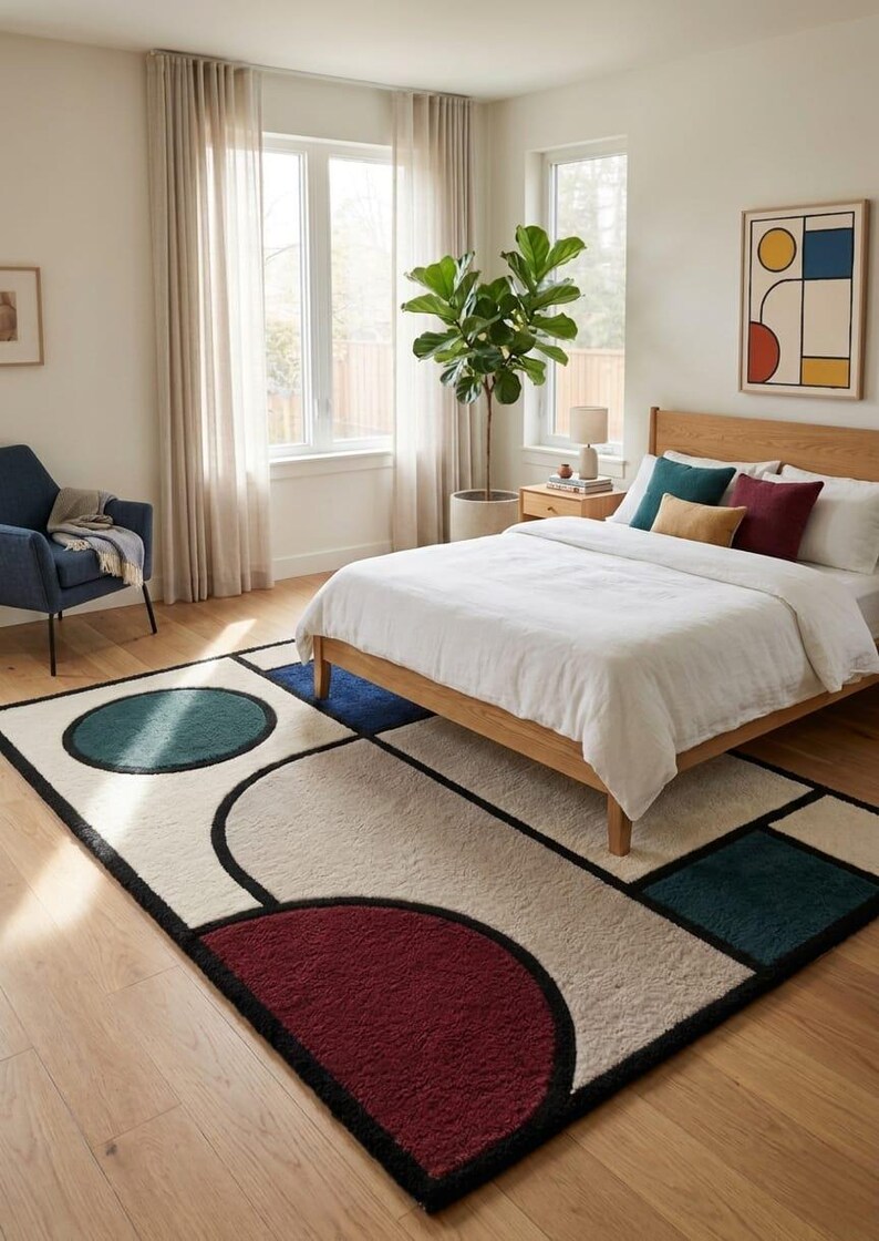 May include: A rectangular area rug featuring a cream-coloured base with bold geometric shapes in deep teal, dark red, and navy blue, outlined in black. The design includes a large red semicircle, a teal circle, and various rectangular blocks.