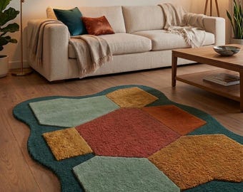 Mid-Century Modern Earth Tone Geometric Rug - Plush Wavy Edge Design