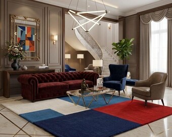 Bold Geometric Color-Block Area Rug (Navy, Red, and Cream)