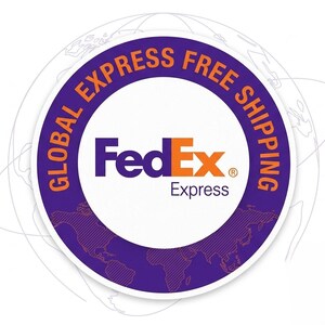 May include: A circular purple and white emblem featuring the FedEx Express logo in the centre. The text GLOBAL EXPRESS FREE SHIPPING is printed in orange along the top curve of the purple border, which also displays a faint outline of a world map.