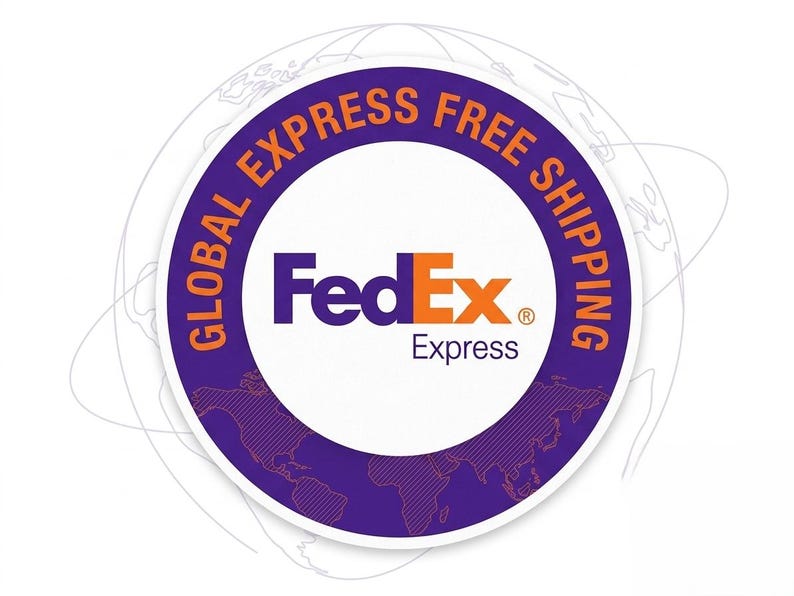 May include: A circular purple and white emblem featuring the FedEx Express logo in the centre. The text GLOBAL EXPRESS FREE SHIPPING is printed in orange along the top curve of the purple border, which also displays a faint outline of a world map.