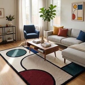 May include: A rectangular area rug featuring a geometric pattern with a cream-coloured base, black outlines, and solid shapes in teal, deep red, and dark blue. The rug has a textured pile and is positioned on a light wood floor in a living room.