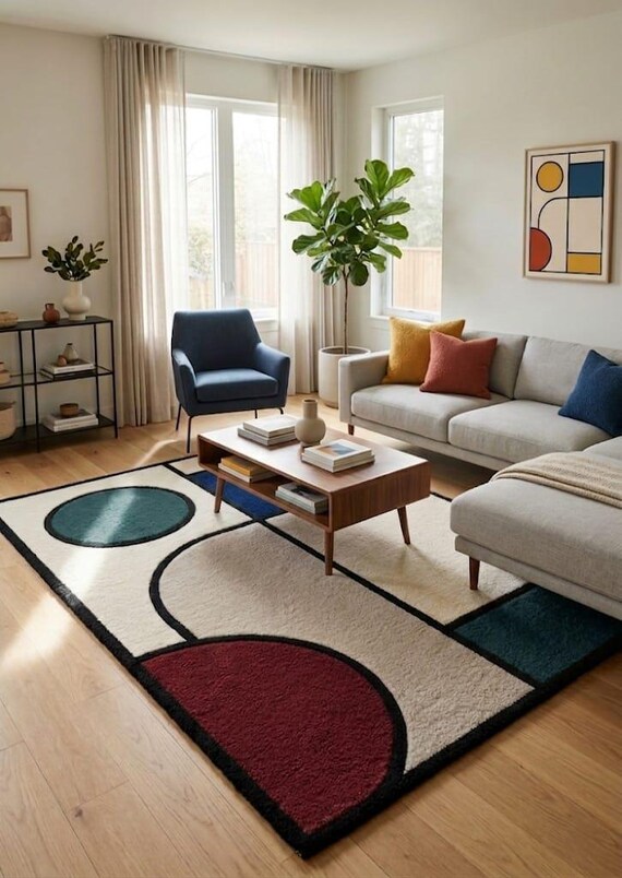 Mid-Century Modern Geometric Area Rug – Bauhaus Abstract Tufted Carpet, Colorful Nordic Living Room Rug