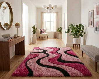 Modern Pink & Black Swirl Shag Area Rug – Abstract Wavy Pattern Accent Carpet
