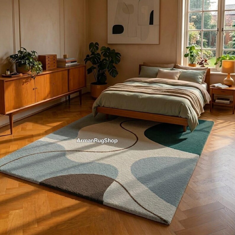 May include: A modern area rug with an abstract design in shades of blue, brown, and green. The rug features a curved pattern and is placed in a bedroom setting with a wooden bed frame and furniture. The rug is from ArmanRugShop.