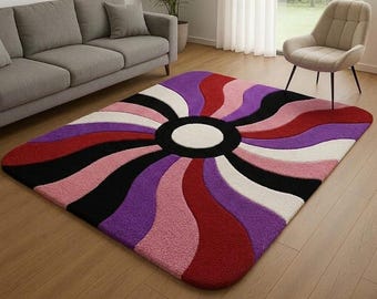 70s Style Wavy Tufted Area Rug - Plush Spiral Pattern (Purple/Red/Black/Pink)