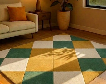 Geometric Patchwork Area Rug Plush - Green, Mustard Yellow, Cream Diamond Pattern