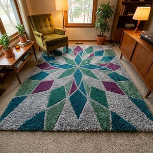 May include: A large, geometric area rug with a starburst design. The rug features a pattern of teal, green, purple, and gray diamond shapes radiating from a central point. The rug is placed in a living room setting.