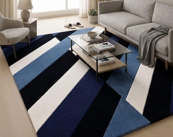 Plush Geometric Striped Area Rug (Navy, Light Blue, Black, White)