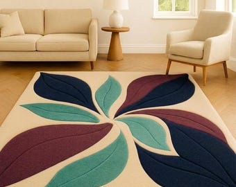 Large Contemporary Area Rug with Bold Abstract Floral Leaf Pattern - Cream, Blue, Purple