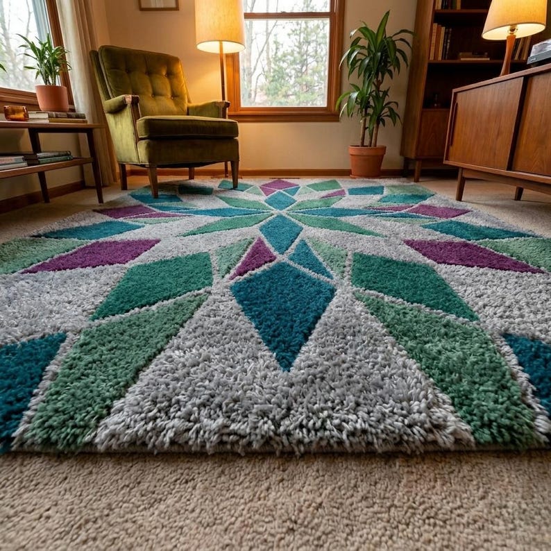May include: A large, shaggy area rug with a geometric starburst design. The rug features a gray base with teal, green, and purple diamond shapes. The rug is placed on a neutral-colored carpet in a living room setting.