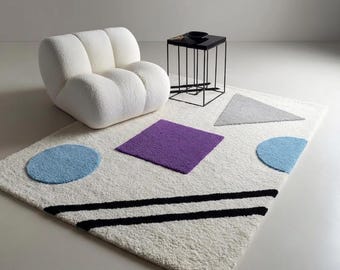 Minimalist Abstract Geometric Hand-Tufted Rug – Cream with Colorful Shapes