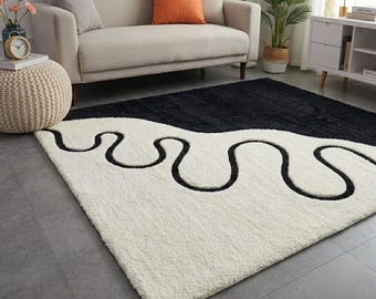 Modern Hand-Tufted Wave Area Rug - Bold Black & White Geometric High-Pile Carpet for Living Room and Bedroom