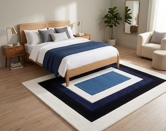 Modern Geometric Area Rug - Blue, Black, and White Concentric Rectangle Design