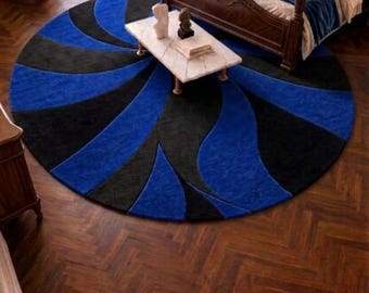 Modern Round Area Rug - Abstract Blue and Black Geometric Swirl Design for Living Room