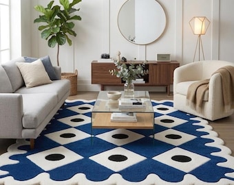 Retro Blue Scalloped Checkerboard Rug – 3D Tufted Geometric Accent Rug