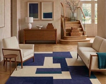 Large Contemporary Abstract Rug, Blue and Cream, Linear Pattern Statement Piece
