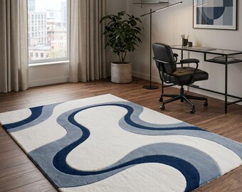 Contemporary Blue and Cream Wavy Area Rug - Soft Tufted Abstract Swirl Carpet for Bedroom and Living Room