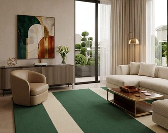 Natural Toned Color-Block Striped Rug – Forest Green and Cream